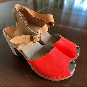 Bryr Clogs Peep Toe Strappy Sandal Neon Orange Leather - SIZE EU 36 / US 6